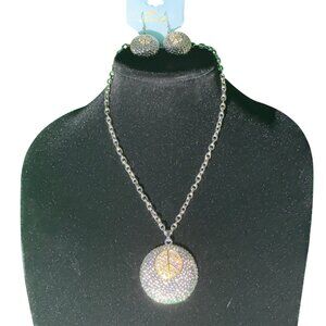 Silver-Tone Necklace & Earrings Set Peace Sign Pendant Matching Studs